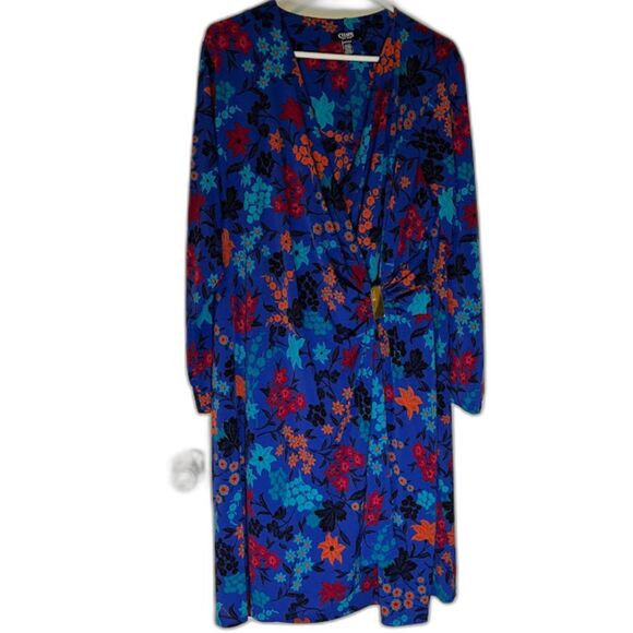 Chaps Women's Modern Boho Dressy Businesswear Blue Floral Faux Wrap Dress 20W - Picture 1 of 6